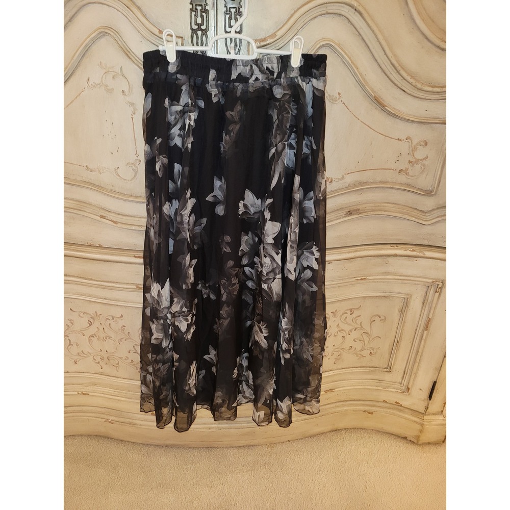 Afibi Women 2XL Black Gray Floral Chiffon Maxi Skirt Elastic Waist Lined A-Line
